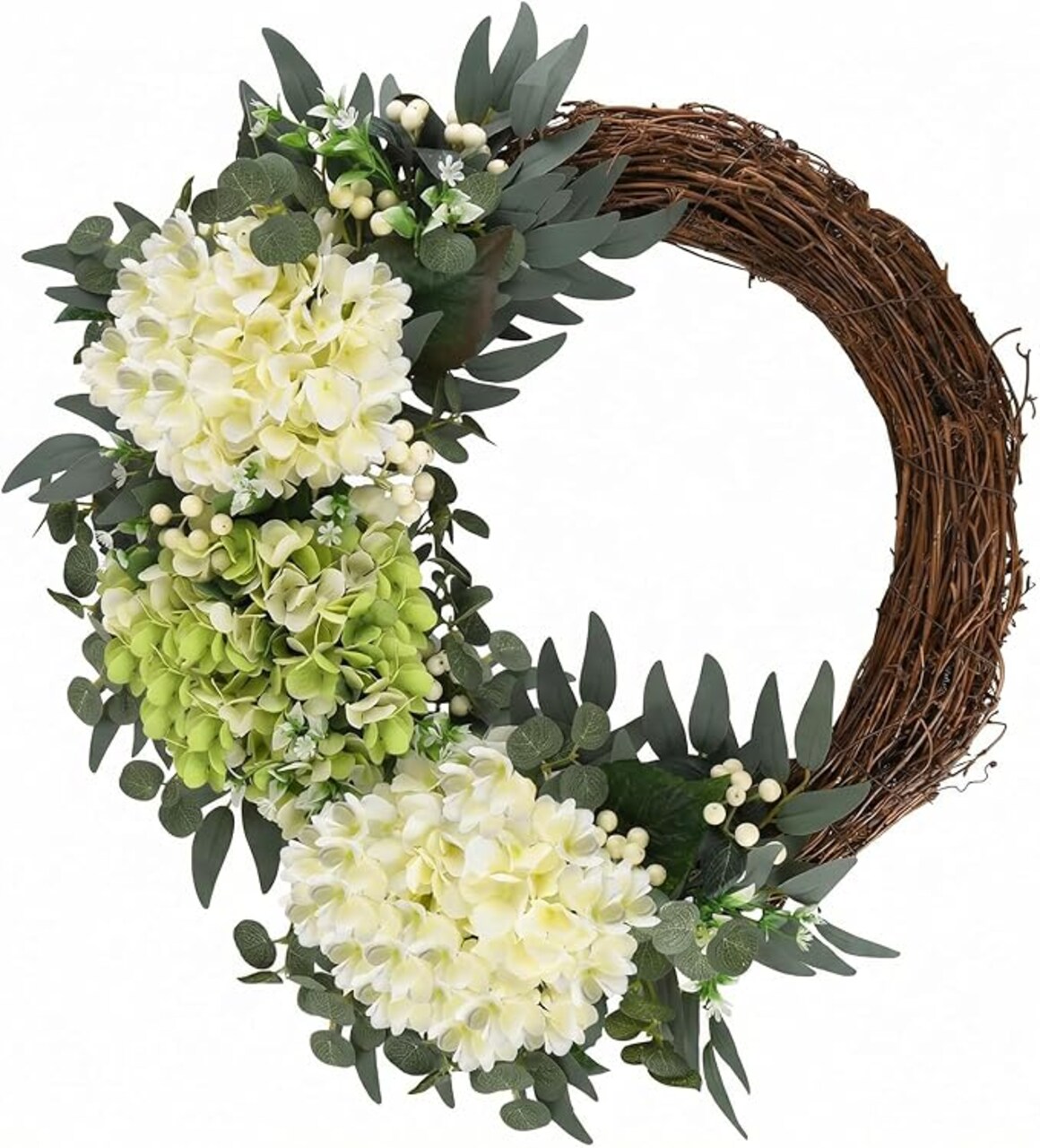 Spring Flower Wreath for Front Door, 20 Inch Hydrangea Door Wreath with White Berries, Summer Eucalyptus Wreaths for Front Door Outside All Season, Farmhouse, Indoor Outdoor Wall Decor